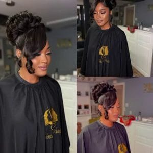 Femme avec coiffure d'événement : chignon haut volumineux et mèche frontale élégante, pose de lace frontale.