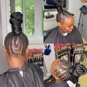 Femme avec des nattes américaines aux motifs complexes et un chignon haut tressé, coiffure protectrice élégante.