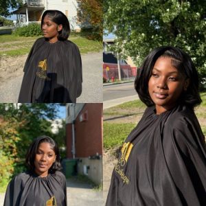 Résultat d'une pose de perruque avec frontal réalisée sans colle, affichant une ligne de cheveux naturelle et des baby hair stylisés.