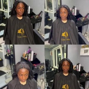 Femme portant un tissage fermé avec une raie centrale, montrant un style élégant et naturel.